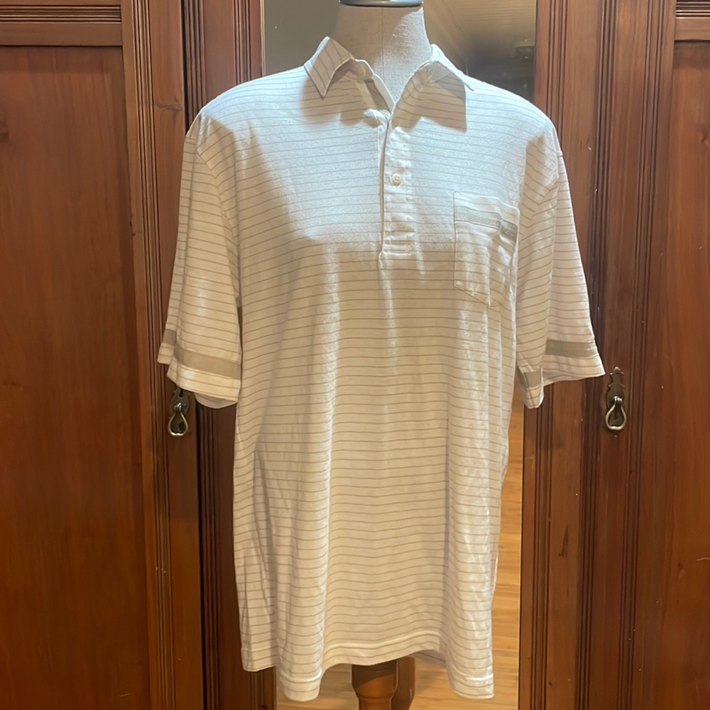 Mercedes by Enro polo shirt short sleeve pocket striped white tan men’s size M